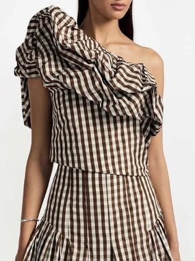 Lela Rose Brown Gingham Plaid Taffeta One Shoulder Ruffle Blouse Top Only Size 8